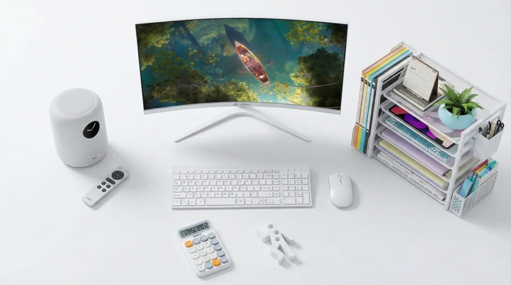 A monitor, speaker, keyboard and mouse, desk organizer, calculator and novelty pen holder on a white desk