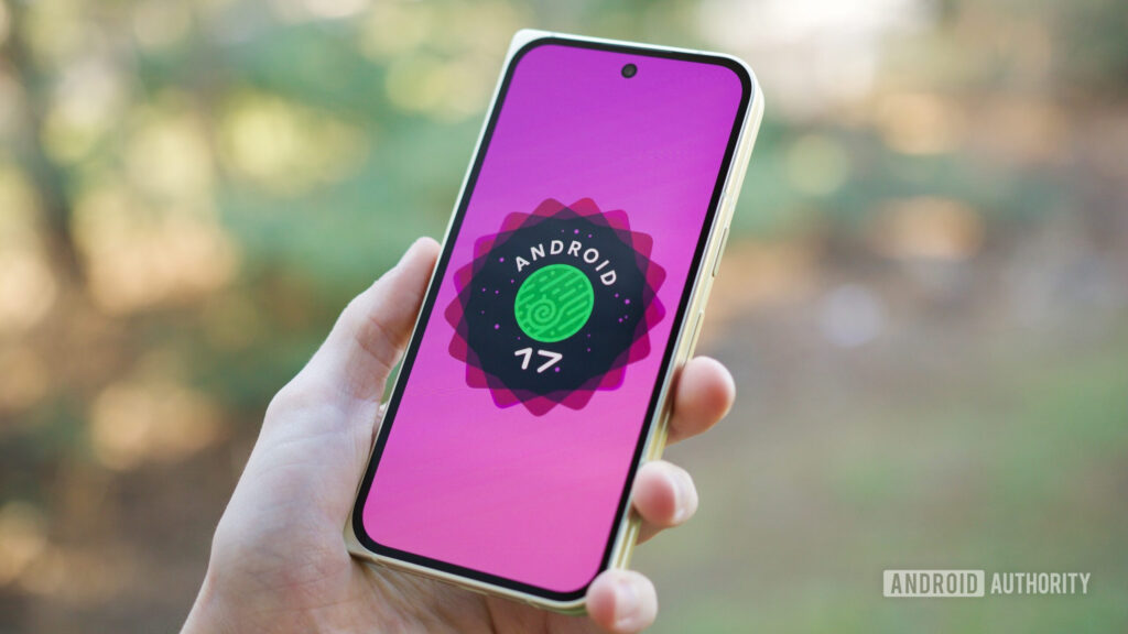 Android 17 logo on a Pixel phone.
