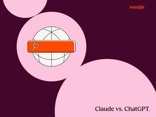 A marketer’s guide to choosing AI a hubspot-branded featured image graphic with a burgundy background and pink-colored geometric shapes in the foreground, with the words “claude vs. ChatGPT” in the bottom right-hand corner and a pictogram graphic in the middle of the image