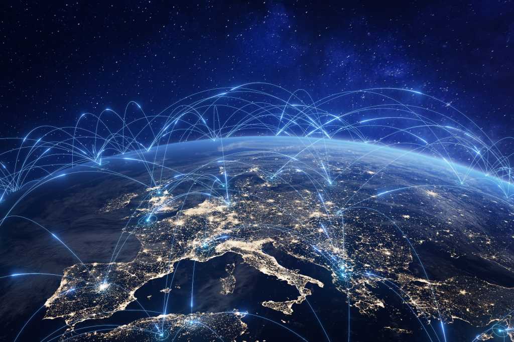 AMD accelerates telecom network AI Communication technology with global internet network connected in Europe. Telecommunication and data transfer european connection links. IoT, finance, business, blockchain, security.