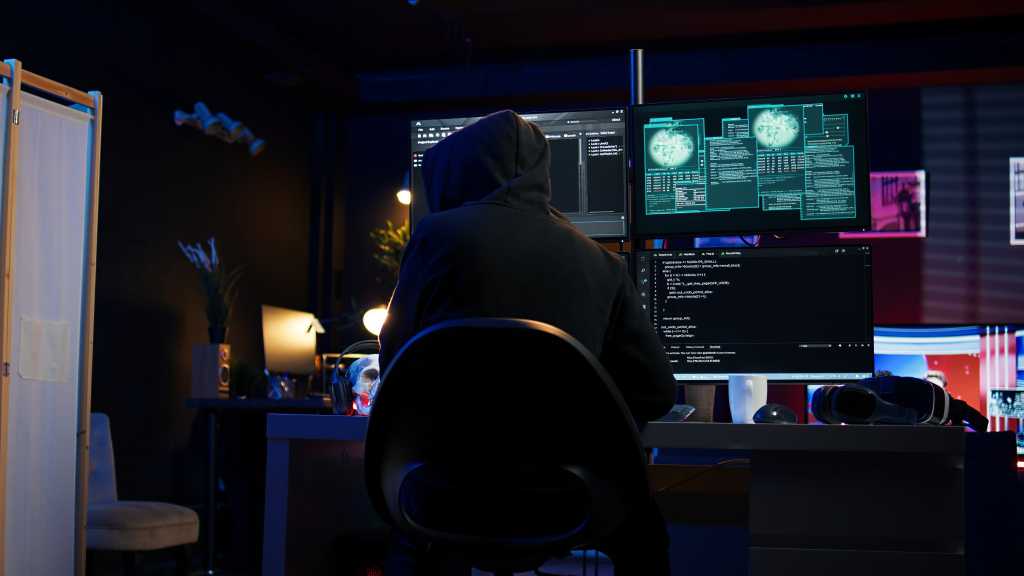 Cato Networks brings adaptive threat defense to SASE Cybercriminal fraudulently breaching security systems while hiding in secret HQ. Hacker breaking down security systems defenses using rogue scripts to steal valuable data, camera B