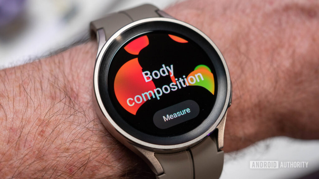Five years later, this underrated Galaxy Watch feature is still Samsung’s best Samsung Galaxy Watch 5 Pro in silver color with fluoroelastomer strap on wrist showing body composition screen