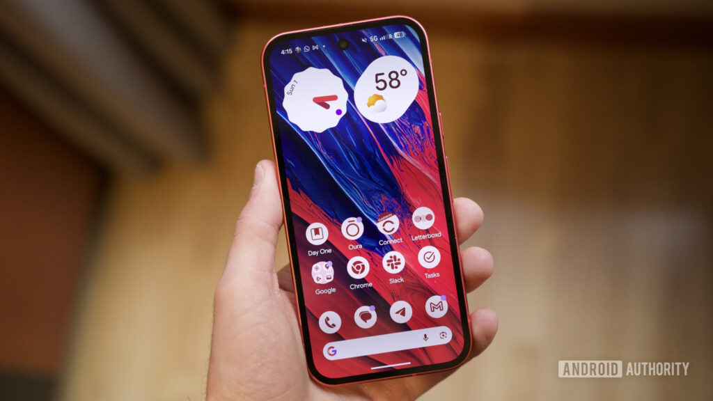 The Google Pixel 10a with its screen on.