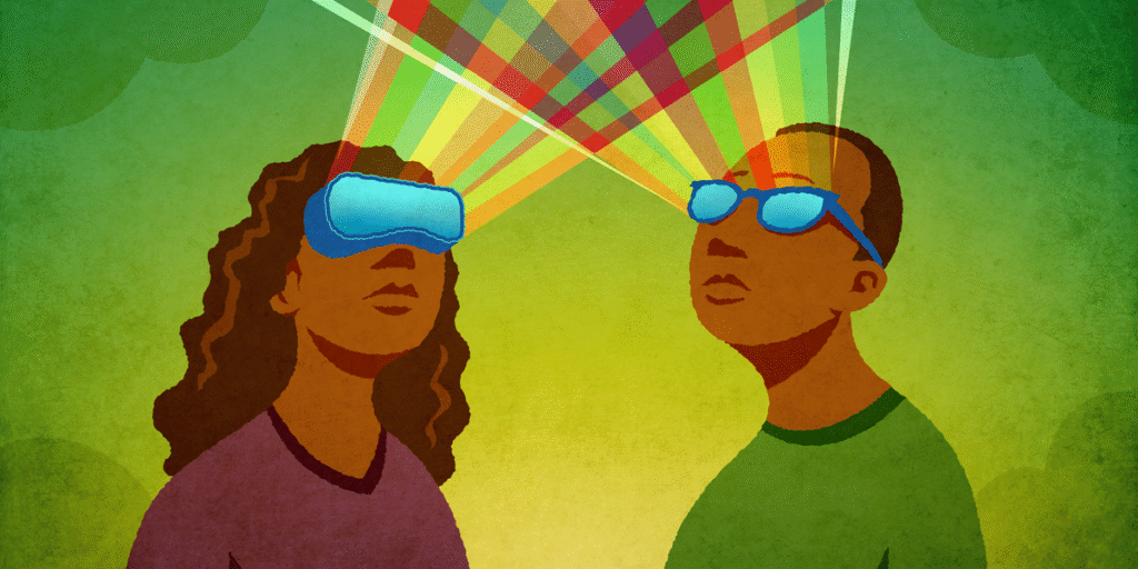 two people wearing smart glasses look up to the sky