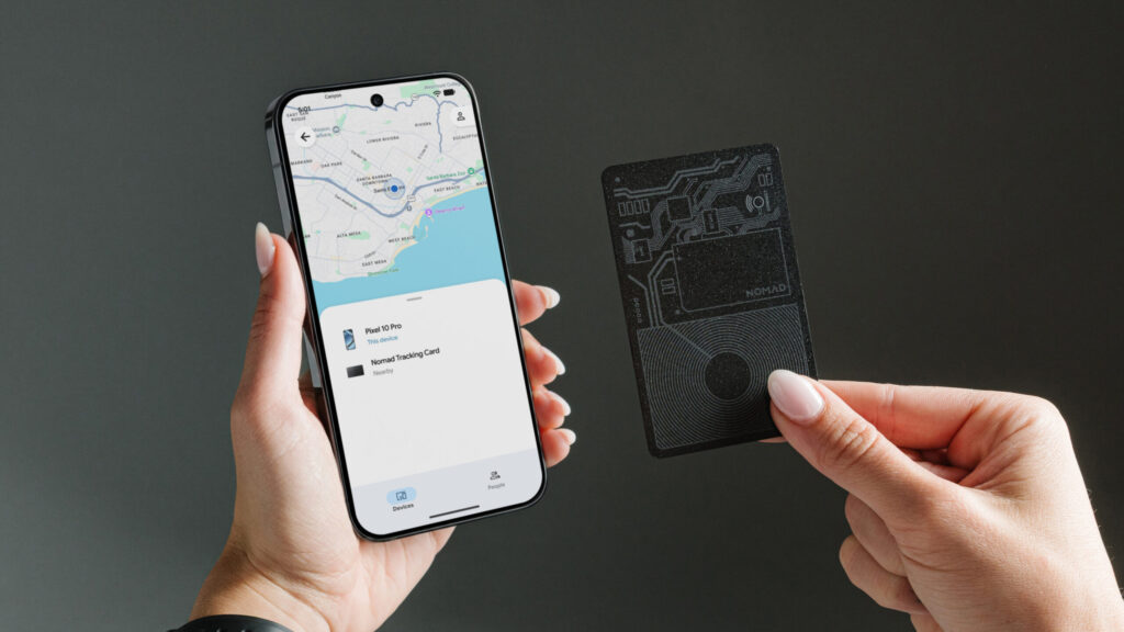 Holding a Nomad Tracking Card Air and Pixel in the hand in an official press photo.