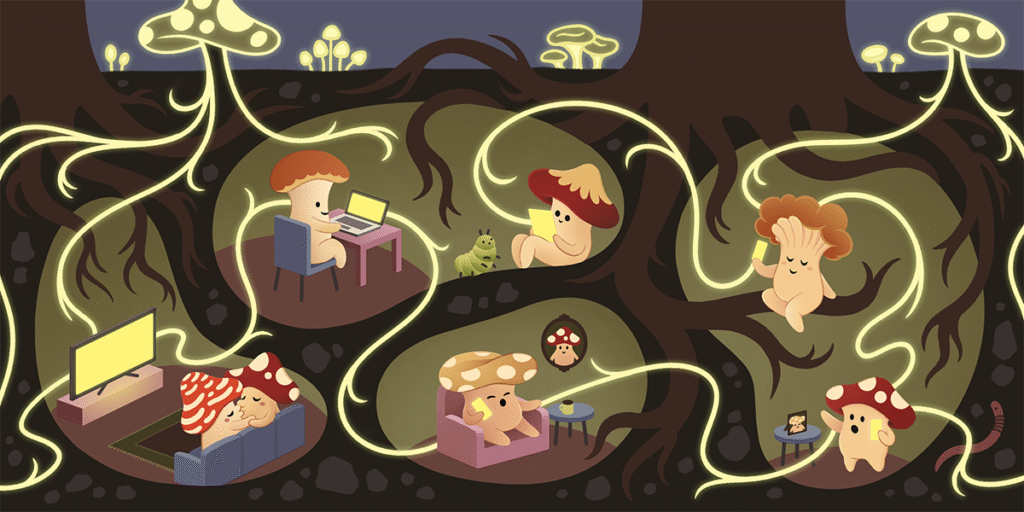 Personified mushrooms communicating from underground homes