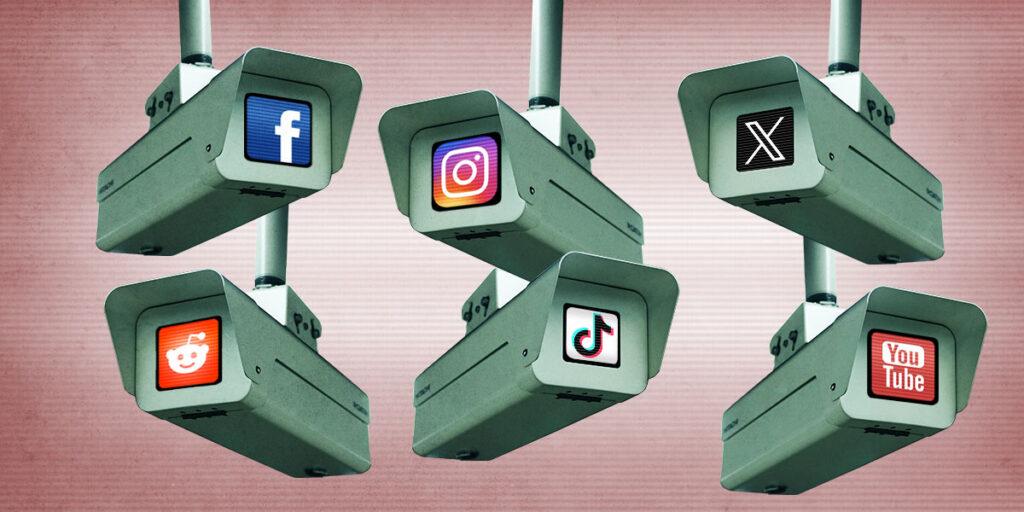 Security camera screens display logos for Facebook, YouTube, X, TikTok, and Reddit