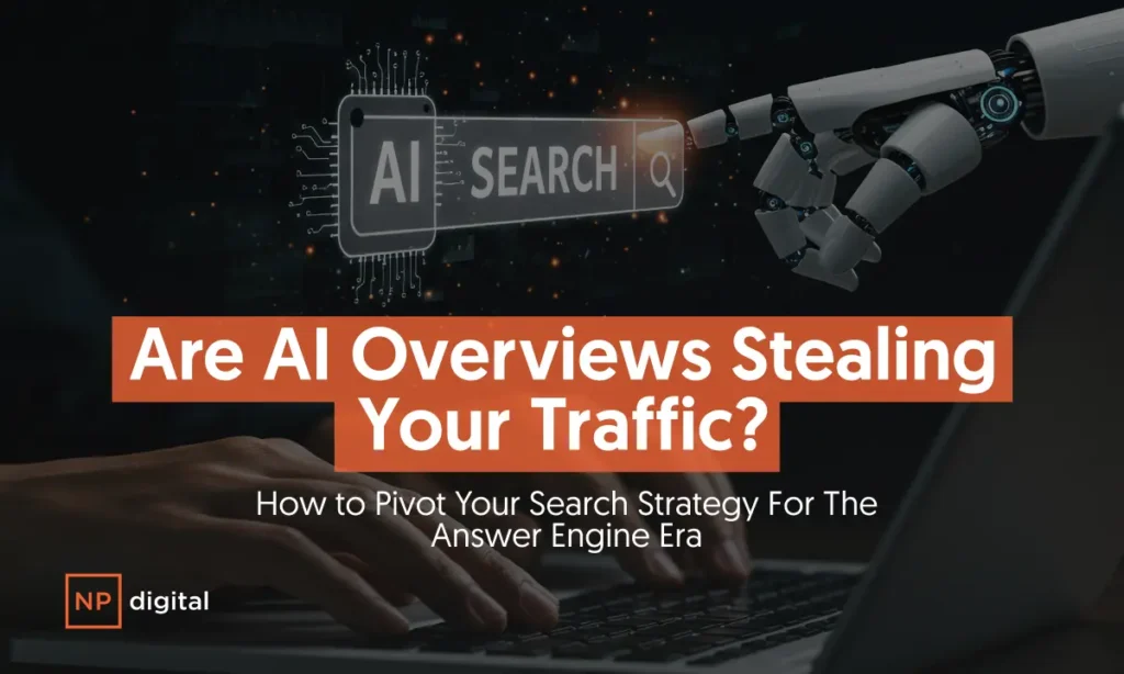 How to Adapt to AI Overviews Stealing Clicks A graphic saying "Are AI Overviews Stealing Your Traffic?"