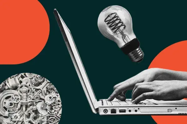 Knowing About AI Isn’t Enough. Here’s How to Actually Use It. Collage showing AI tools including lightbulb, hands typing on a laptop, and gears against teal and orange background