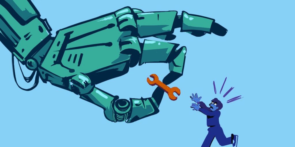 Print Blocking Won’t Work – Permission to Print Part 2 A giant robot hand holds a monkey wrench, a human is jumping for it.